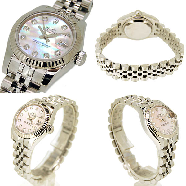 ロレックス デイトジャスト 10Pダイヤ 179174NG ホワイトシェル ゴールドダスト D番 レディース 中古 腕時計 ROLEX - ロレックス デイトジャスト 10Pダイヤ 179174NG ホワイト